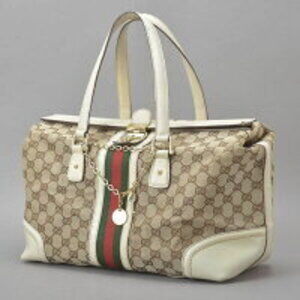 Gucci Boston Beige Bag Sherry Tan GG Leather White Handbag Line Canvas Lock